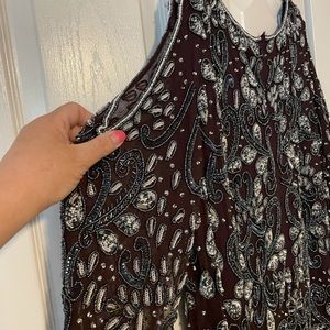 Knee-length formal dress w/ beaded overlay